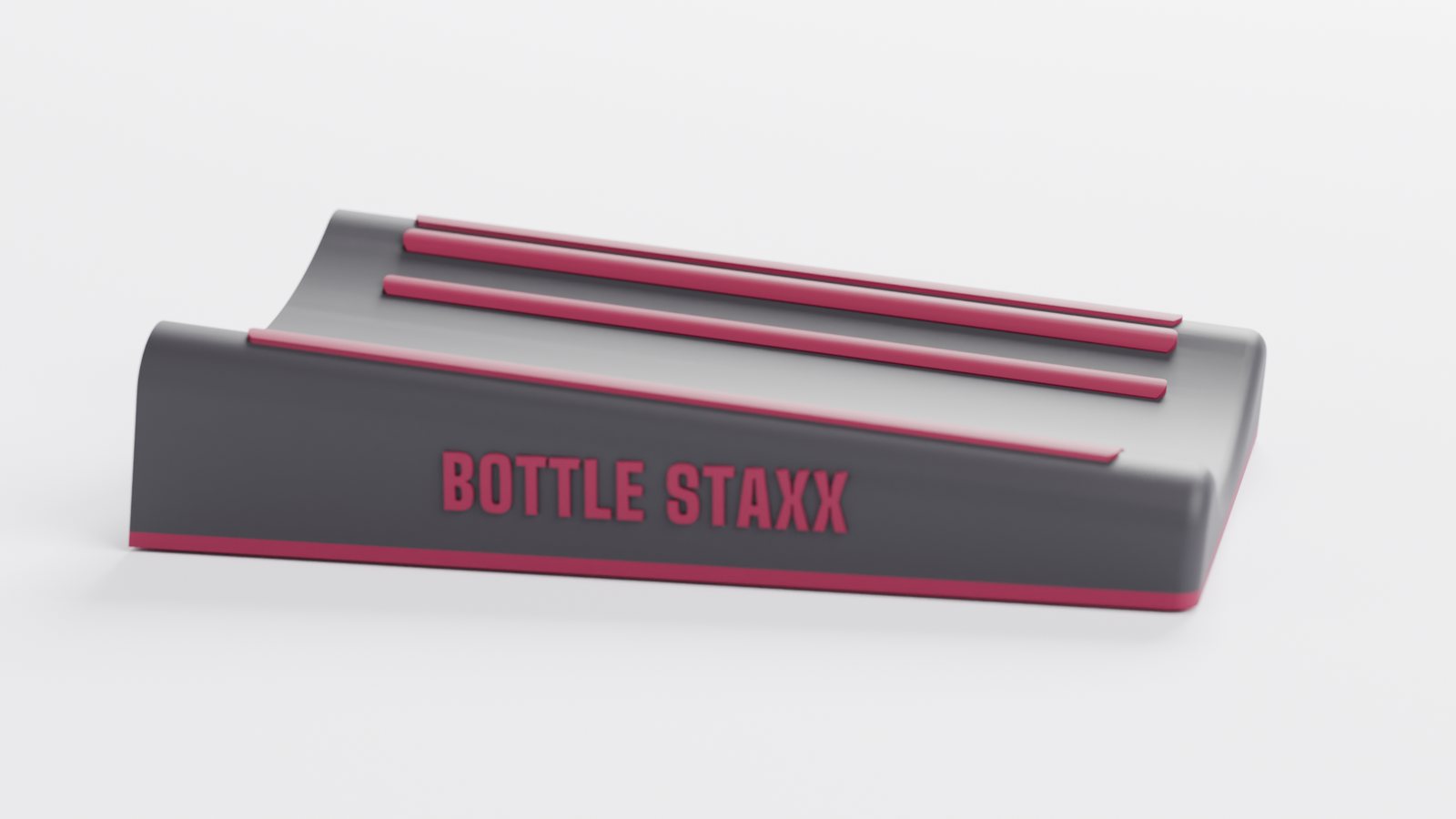 Sample logo run: BOTTLE STAXX inlaid in Merlot TPU on the side of a charcoal wedge
